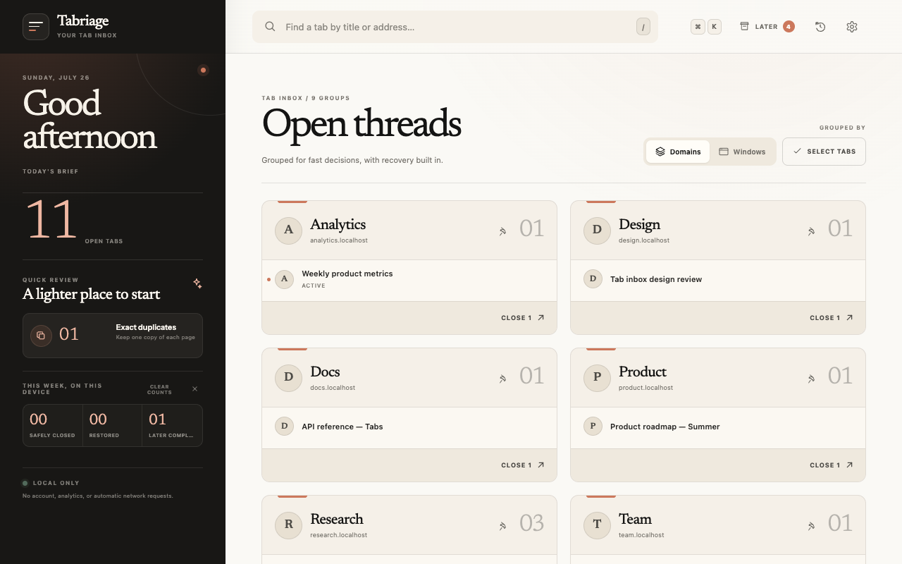 Tabriage 1.3 dashboard grouping open tabs by website with a daily review panel