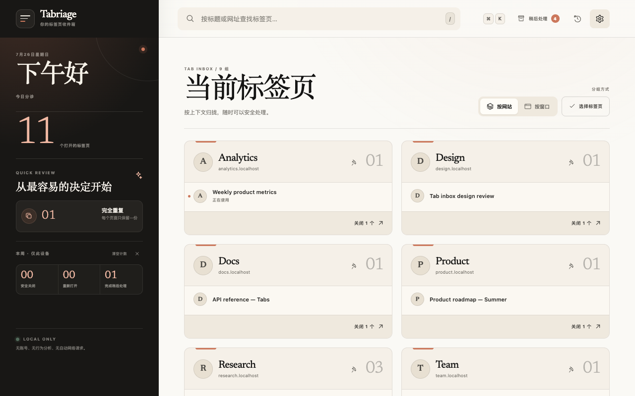 Tabriage 1.3 按网站分组标签页，并提供今日分诊面板