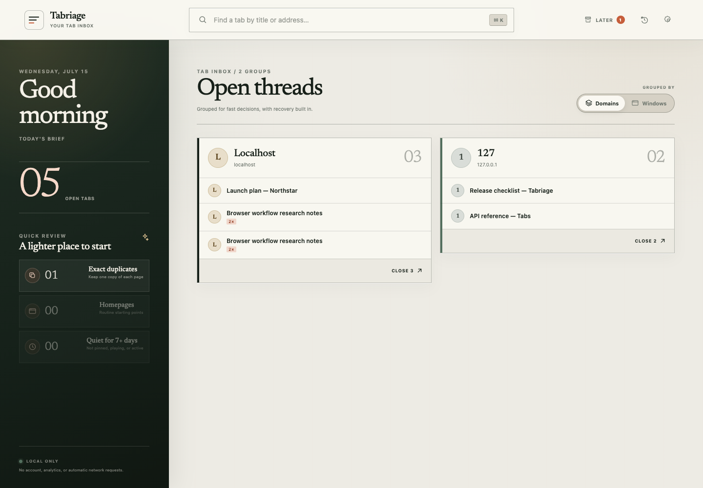Tabriage dashboard grouping open tabs by website with a daily review panel