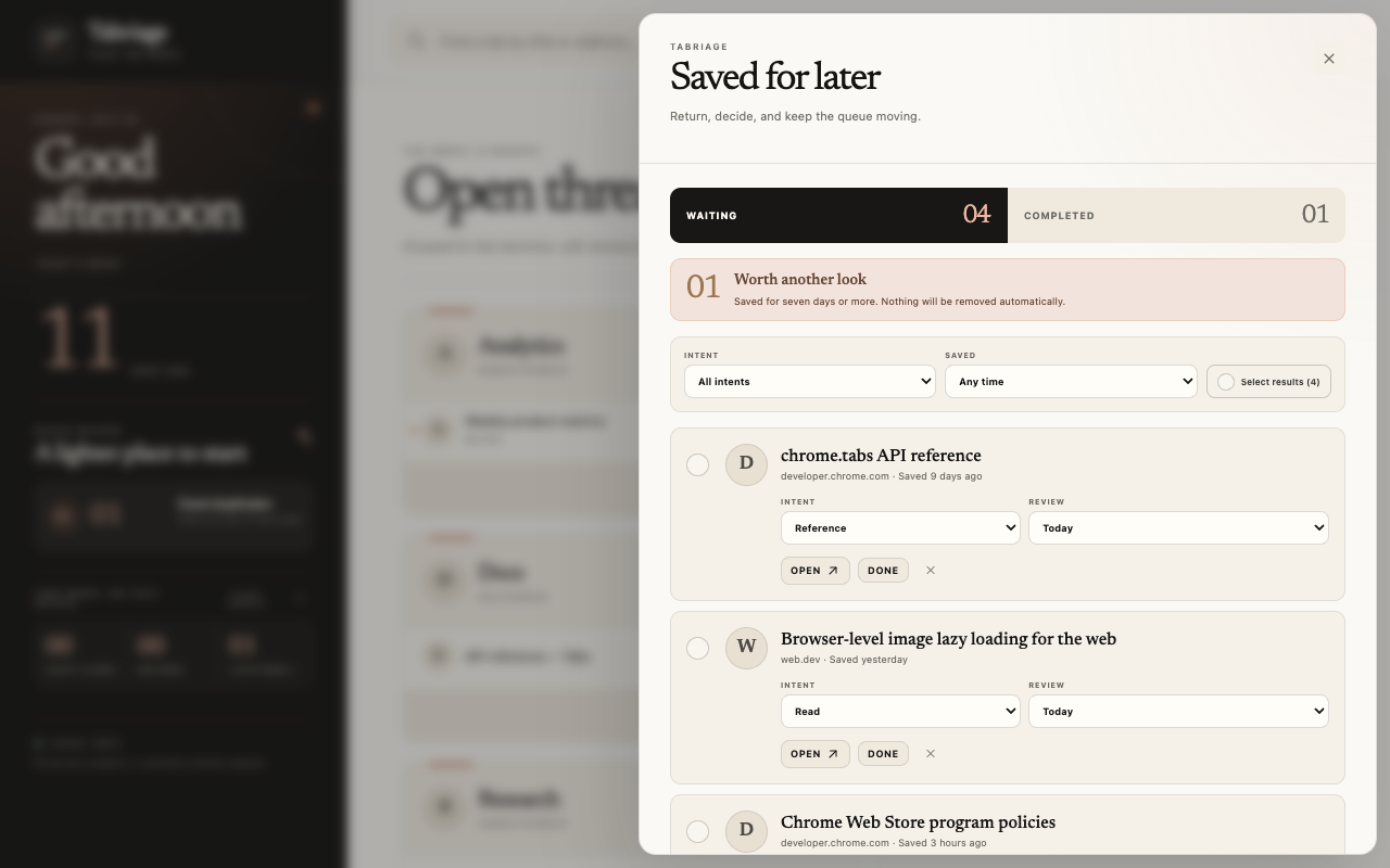 Tabriage Later queue with intent and return-time controls