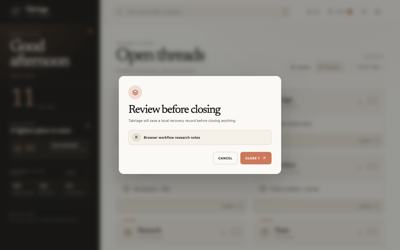 Tabriage safe-close review showing the exact tabs affected before closing