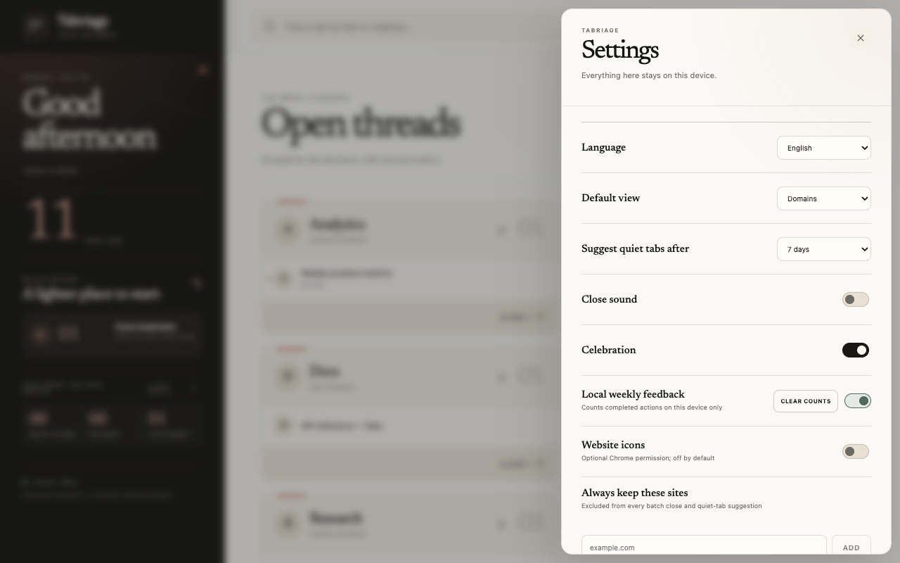 Tabriage local settings and optional website icon controls